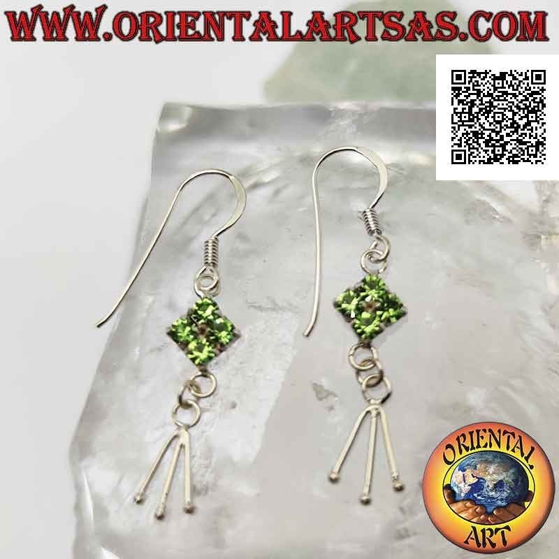 Pendientes de palanca de plata con rombos de circonitas verdes y tres segmentos colgantes