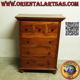 Rectangular chest of drawers with three drawers and a row of three drawers in teak wood