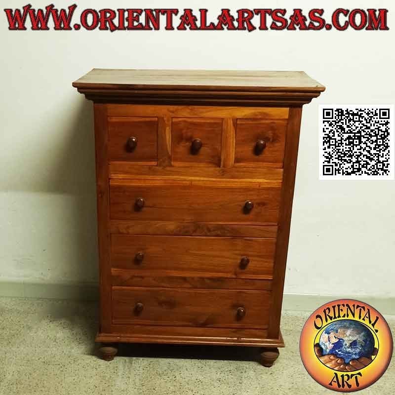 Cómoda rectangular con tres cajones y una fila de tres cajones en madera de teca