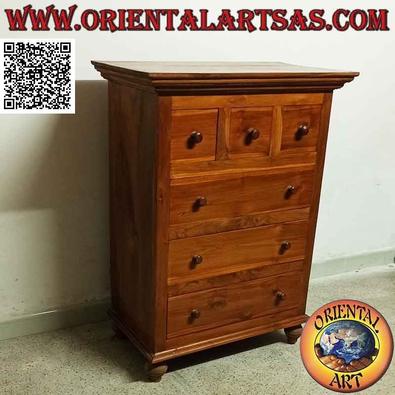 Rectangular chest of drawers with three drawers and a row of three drawers in teak wood