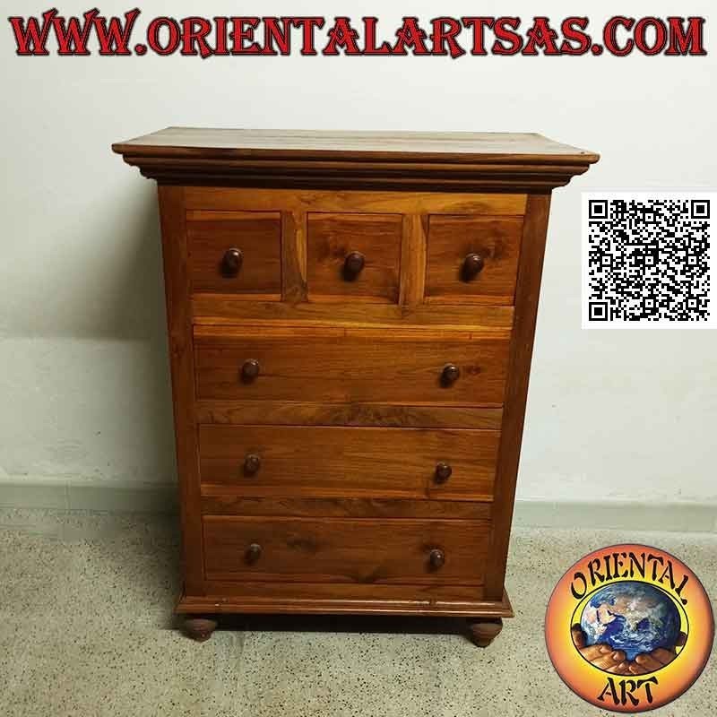 Rectangular chest of drawers with three drawers and a row of three drawers in teak wood