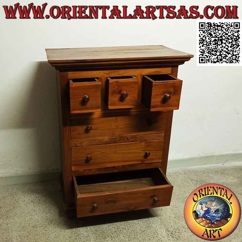 Cómoda rectangular con tres cajones y una fila de tres cajones en madera de teca