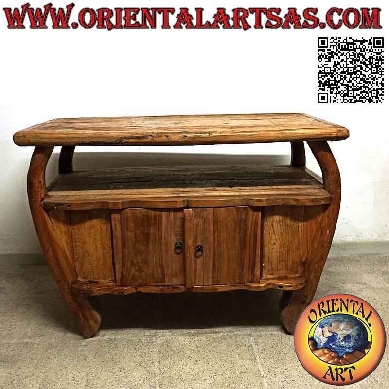 Living room furniture curved TV stand with two doors in antique teak wood (natural)