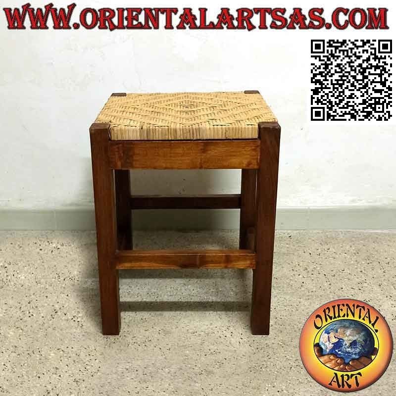 Taburete lineal cuadrado en madera de teca y asiento en bambú tejido