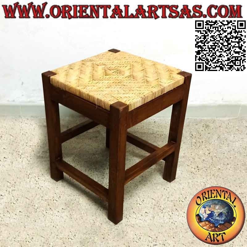 Sgabello lineare quadrato in legno di teak e seduta in bambù intrecciato