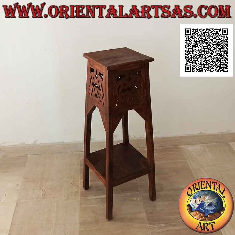 Sgabello (ripiano ausiliario) alto con piano quadrato e decoro traforato intagliato in legno di teak