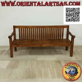 Linear four-seater bench with backrest and seat in teak wood slats