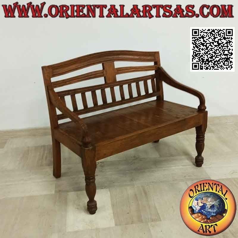 Panca semplice a due posti con schienale curvo in legno antico di teak