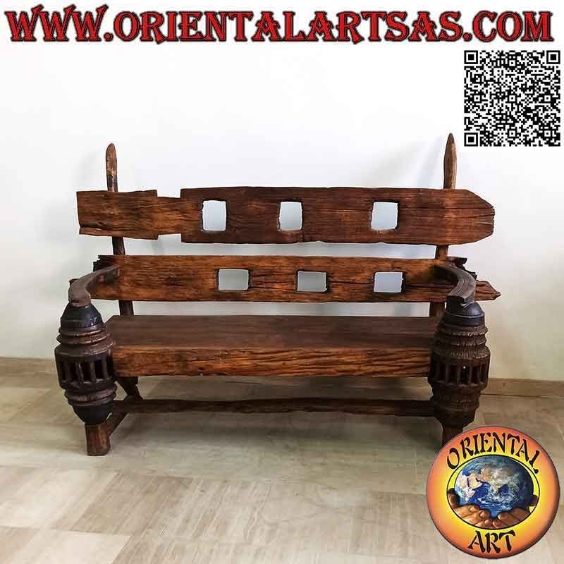 Massive three-seater bench in antique teak wood recycled from agricultural vehicles (from Burma)