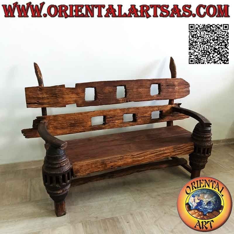 Massive three-seater bench in antique teak wood recycled from agricultural vehicles (from Burma)