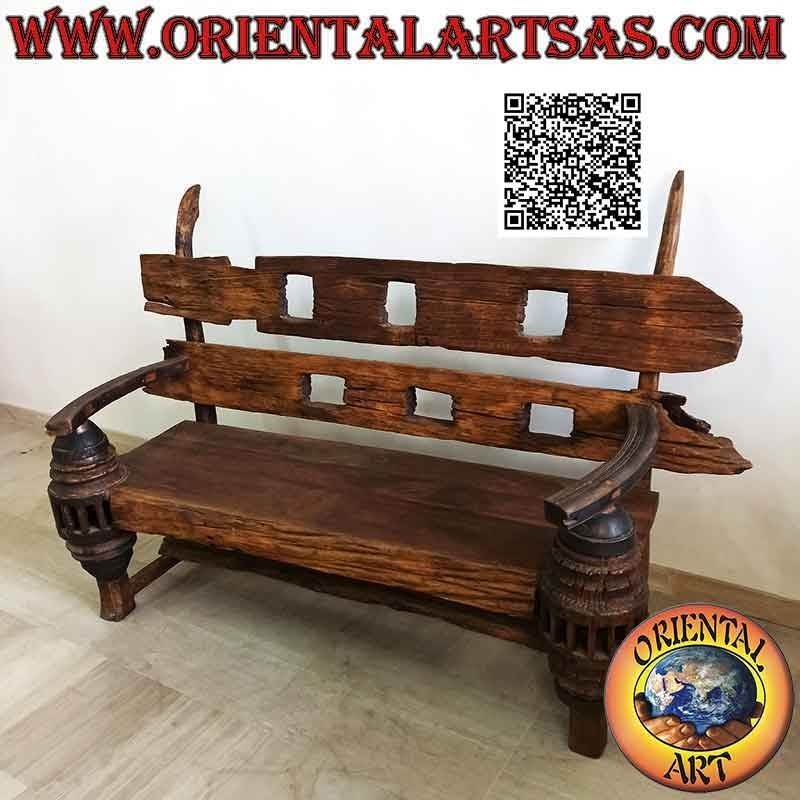 Massive three-seater bench in antique teak wood recycled from agricultural vehicles (from Burma)