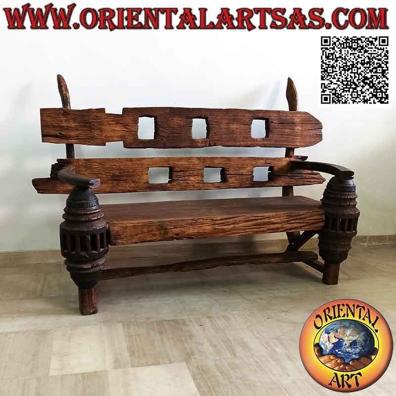 Panca massiccia a tre posti in legno di teak antico riciclato da mezzi agricoli (provenienza Birmania)