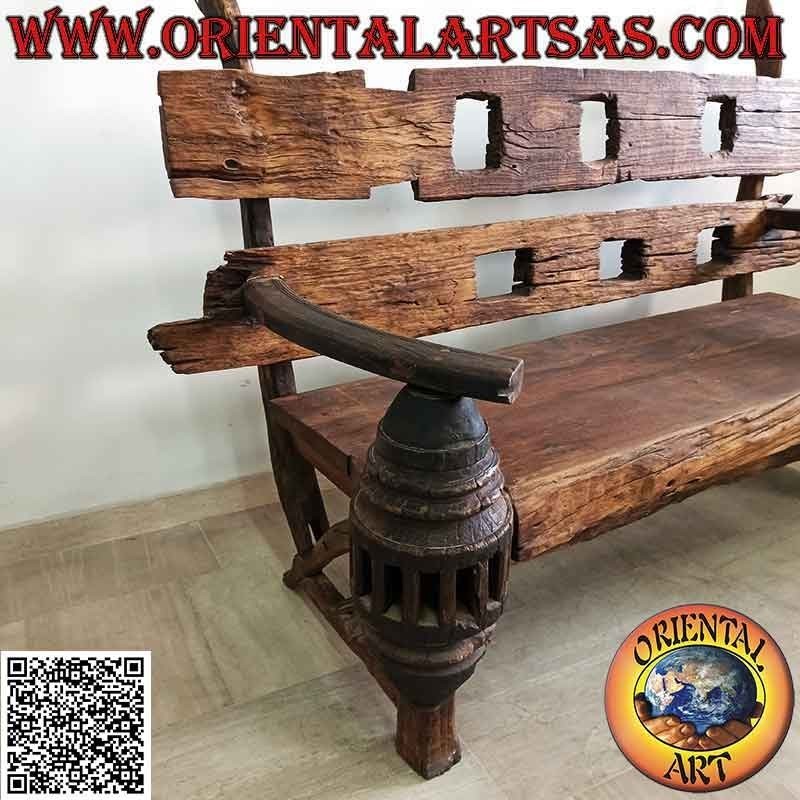 Massive three-seater bench in antique teak wood recycled from agricultural vehicles (from Burma)