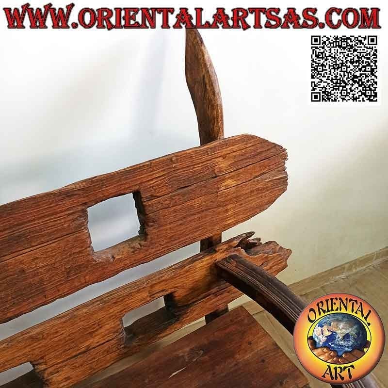 Massive three-seater bench in antique teak wood recycled from agricultural vehicles (from Burma)