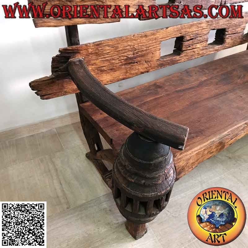 Panca massiccia a tre posti in legno di teak antico riciclato da mezzi agricoli (provenienza Birmania)
