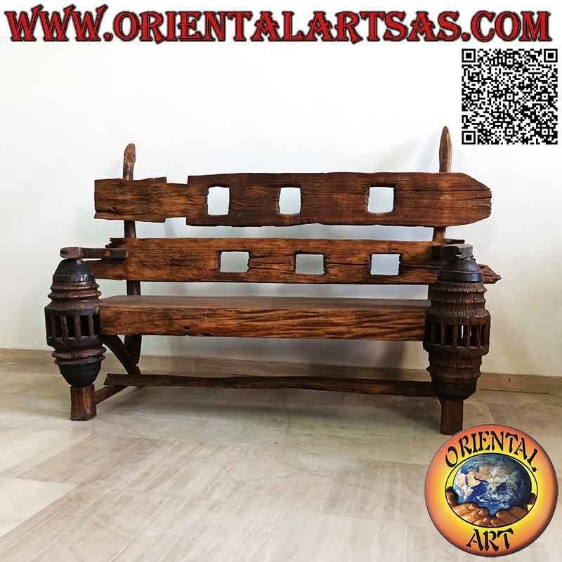 Massive three-seater bench in antique teak wood recycled from agricultural vehicles (from Burma)