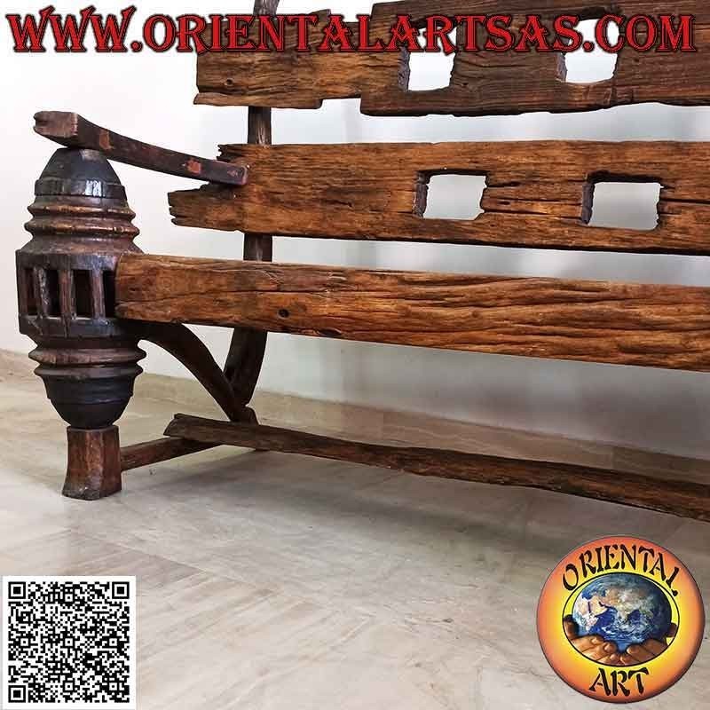 Banco macizo de tres plazas en madera de teca antigua reciclada de vehículos agrícolas (de Birmania)