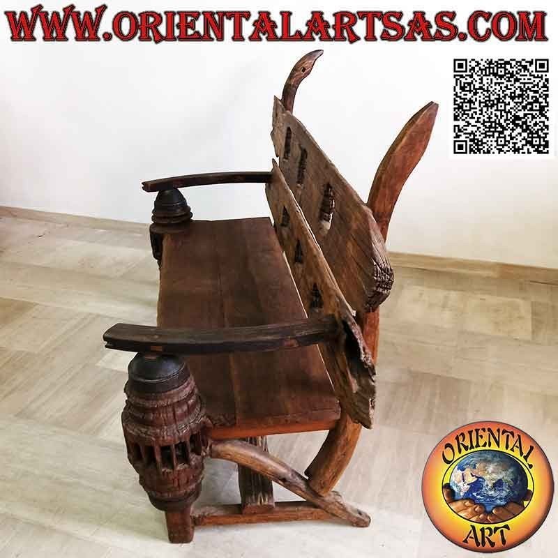 Massive three-seater bench in antique teak wood recycled from agricultural vehicles (from Burma)