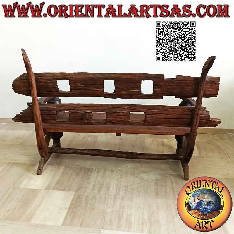 Massive three-seater bench in antique teak wood recycled from agricultural vehicles (from Burma)