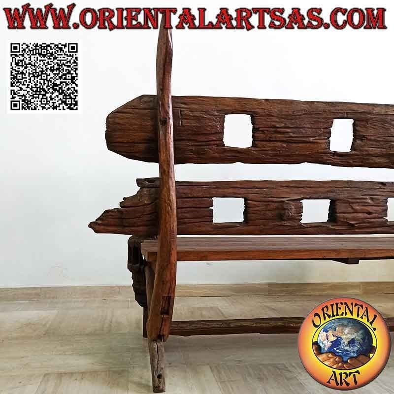 Massive three-seater bench in antique teak wood recycled from agricultural vehicles (from Burma)