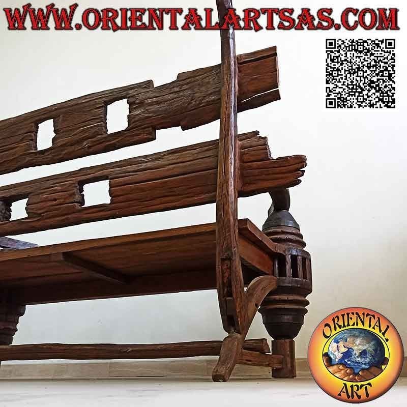Massive three-seater bench in antique teak wood recycled from agricultural vehicles (from Burma)