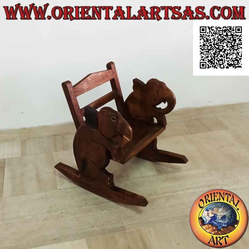 Banco mecedora para niños en madera de Suar (maciza) con elefante pintado en los laterales