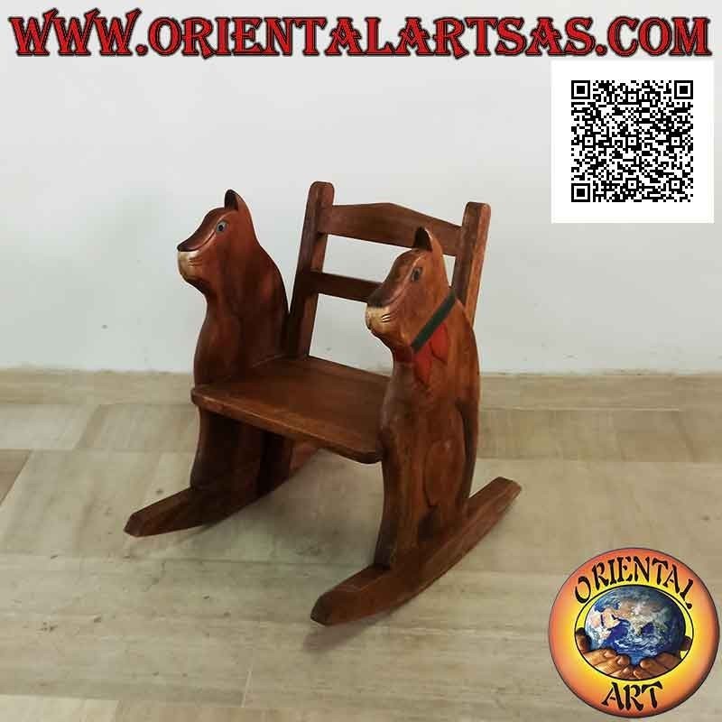 Panca a dondolo per bambini in legno di Suar (massello) con gatto dipinto sui lati