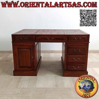 Schreibtisch "Triple" mit 6 Schubladen, Tür und Platte aus Sattelleder, aus Teakholz (135 x 90) (zerlegbar)
