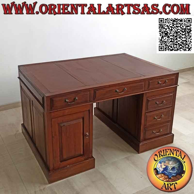 Bureau "Triple" à 6 tiroirs, porte et plateau en cuir sellier, en bois de teck (135 x 90) (démontable)