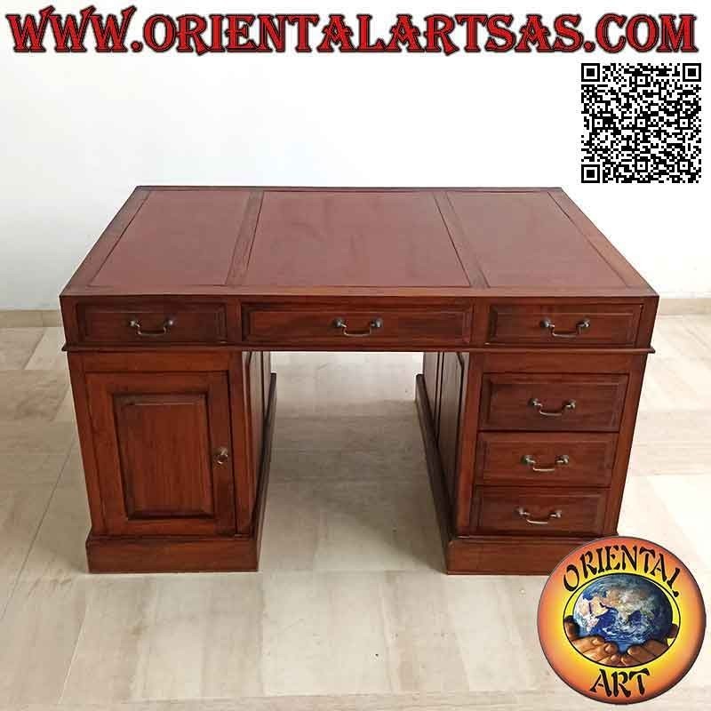 Scrivania "triple" con 6 cassetti, anta e piano in cuoio, in legno di teak (135 x 90) (smontabile)