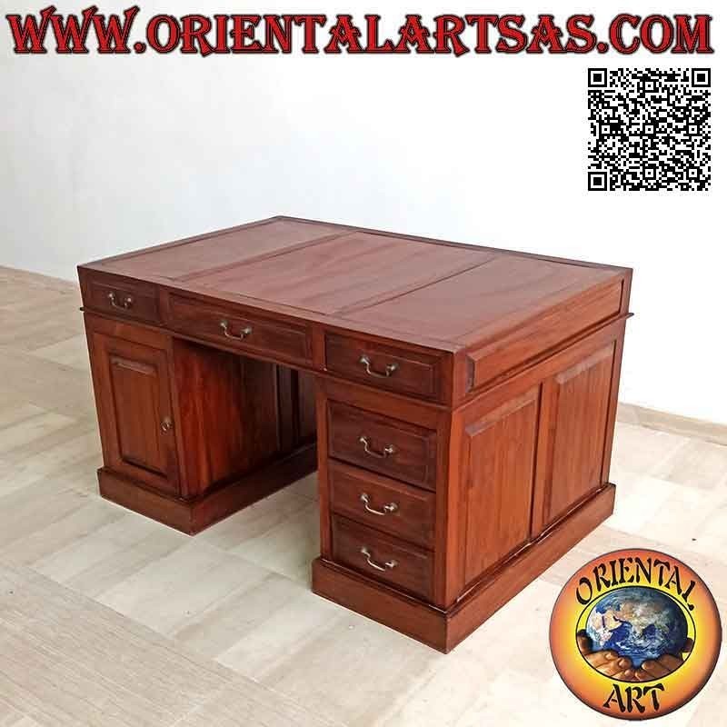 "Triple" desk with 6 drawers, door and top in saddle leather, in teak wood (135 x 90) (can be disassembled)