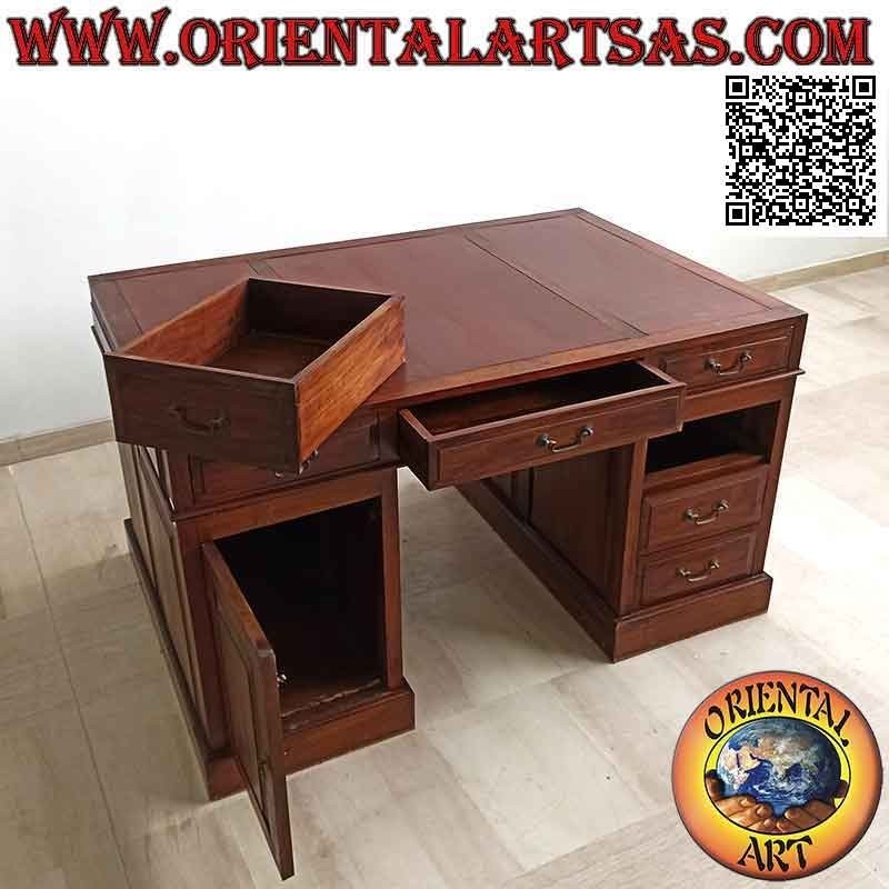 Escritorio "triple" con 6 cajones, puerta y tablero en cuero de silla de montar, en madera de teca (135 x 90) (desmontable)