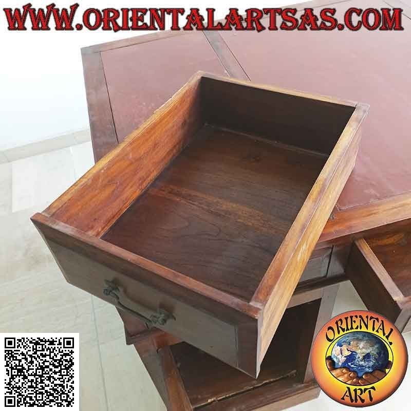 Bureau "Triple" à 6 tiroirs, porte et plateau en cuir sellier, en bois de teck (135 x 90) (démontable)