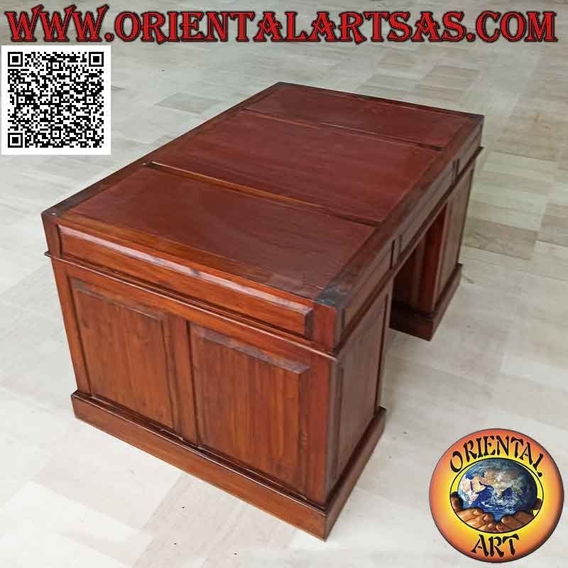 "Triple" desk with 6 drawers, door and top in saddle leather, in teak wood (135 x 90) (can be disassembled)
