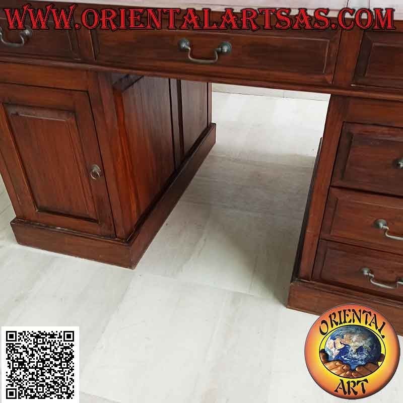 Escritorio "triple" con 6 cajones, puerta y tablero en cuero de silla de montar, en madera de teca (135 x 90) (desmontable)