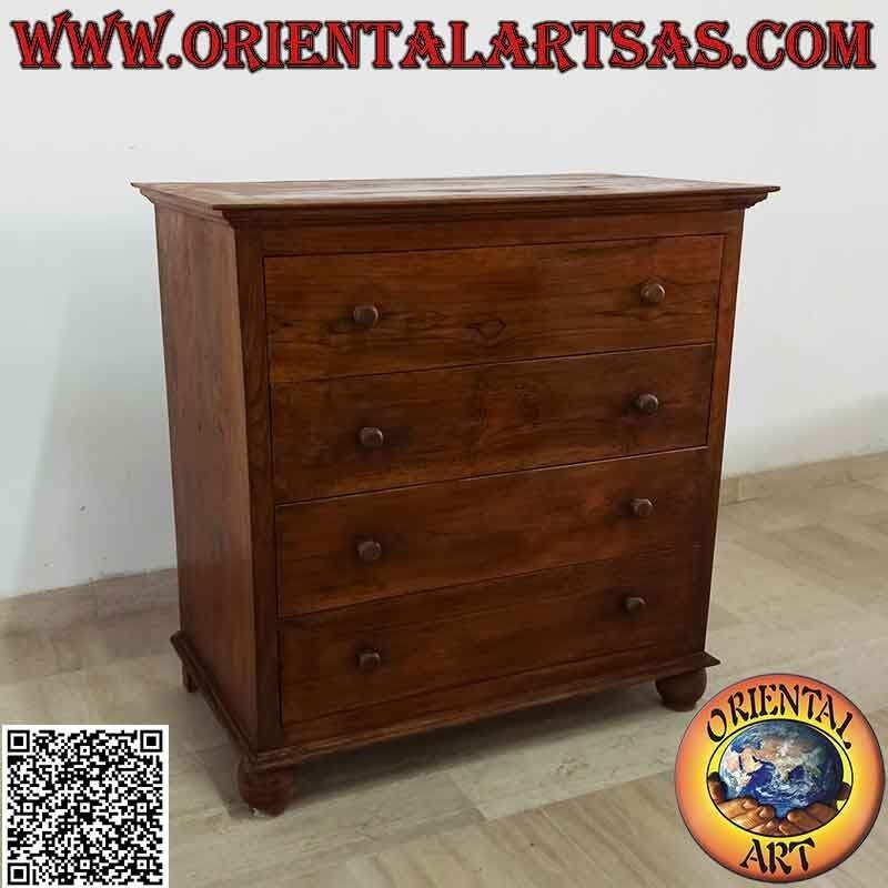 Comò rettangolare con quattro cassettoni (incastri a coda di rondine) e piedi tondi in legno di teak