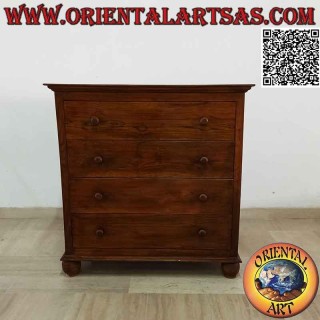 Cajonera rectangular con cuatro cajones (juntas de cola de milano) y pies redondos en madera de teca