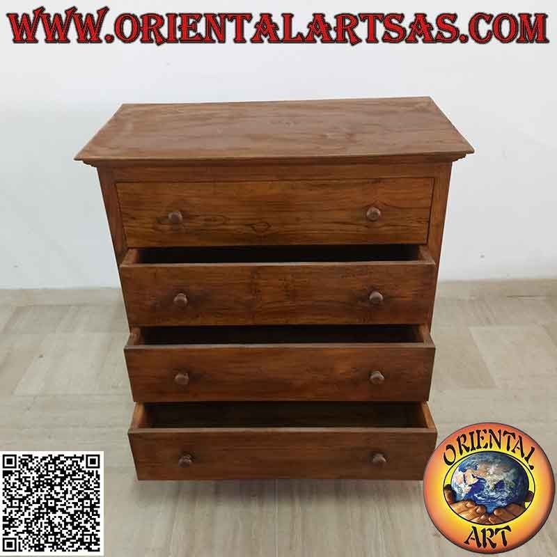 Cajonera rectangular con cuatro cajones (juntas de cola de milano) y pies redondos en madera de teca