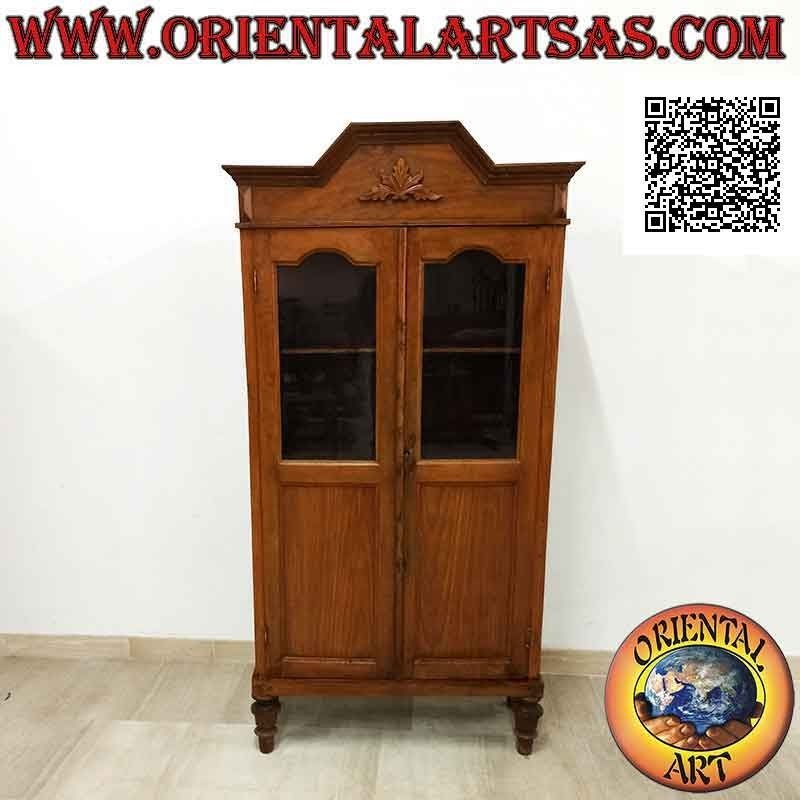 Two-door antique display cabinet with ivy in high relief carved in antique teak wood