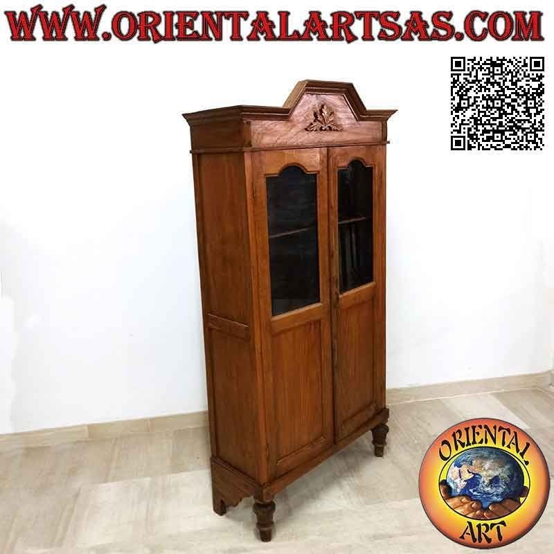 Vetrina antica a due ante con edera in altorilievo intagliata in legno antico di teak