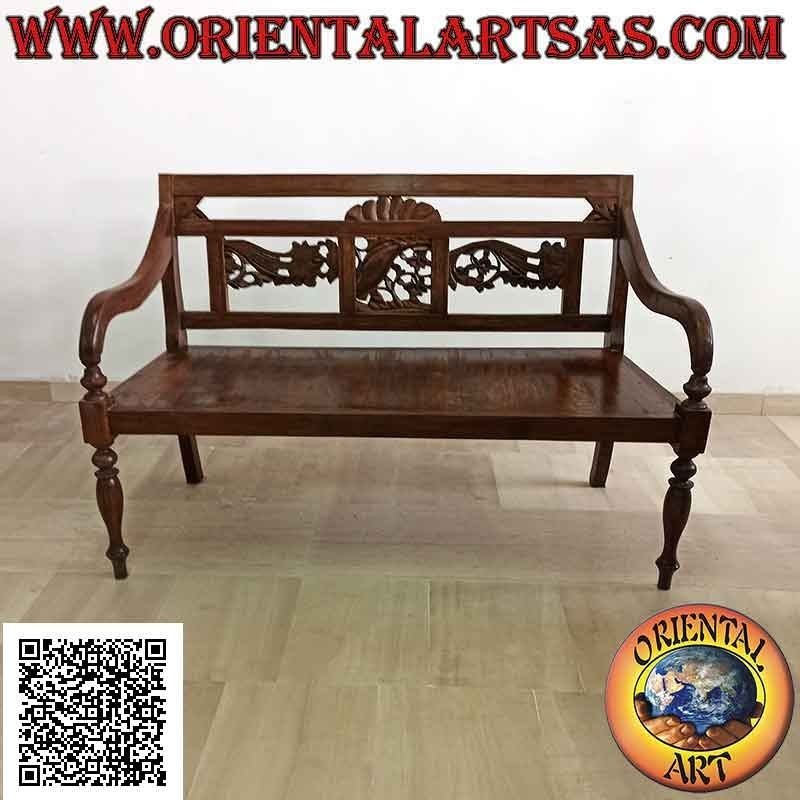 Panca a due posti con decorazione floreale nei riquadri intagliata a mano in legno antico di teak