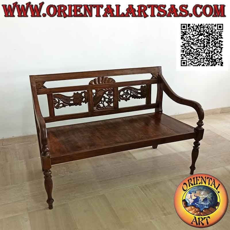 Two-seater bench with floral decoration in hand-carved panels in antique teak wood