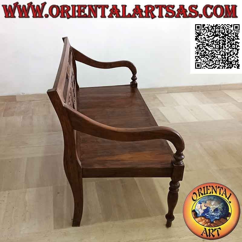 Panca a due posti con decorazione floreale nei riquadri intagliata a mano in legno antico di teak