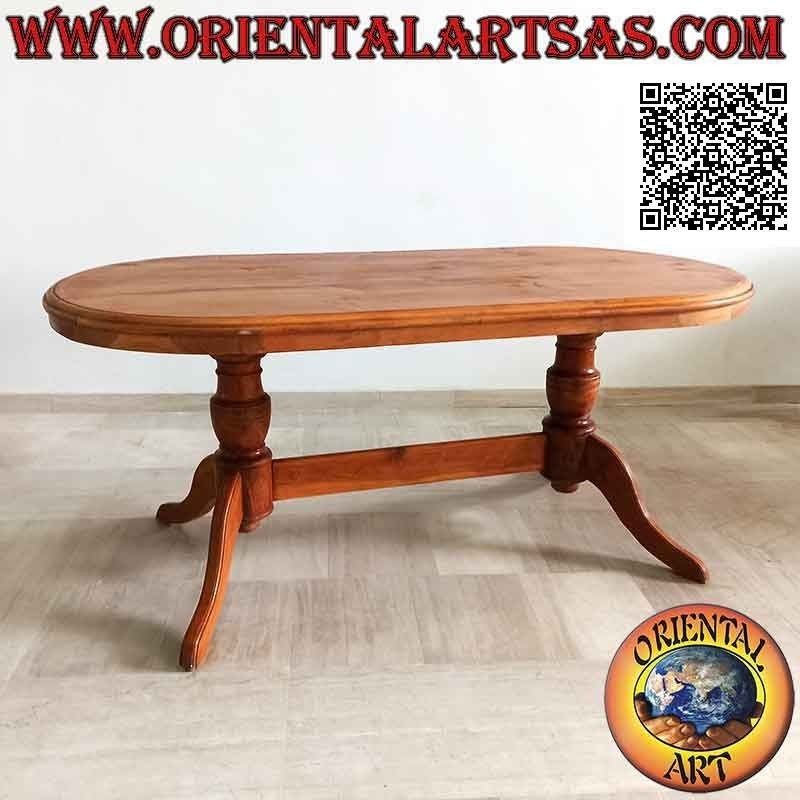 Mesa ovalada sobre dos patas de estilo imperial de tres patas unidas en madera de teca antigua (90 x 180 cm)