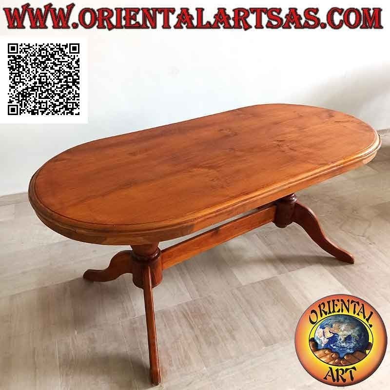 Table ovale sur deux pieds de style impérial à trois pieds réunis en bois de teck antique (90 x 180 cm)