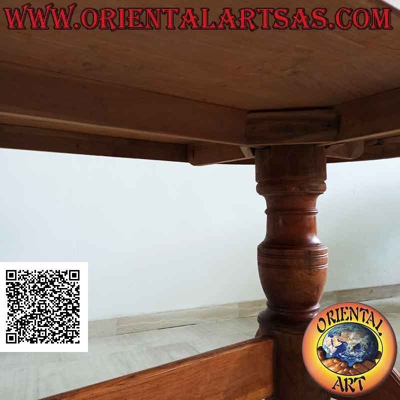 Tavolo ovale su due gambe a tre piedi in stile imperiale congiunti in legno antico di teak (90 x 180 cm)