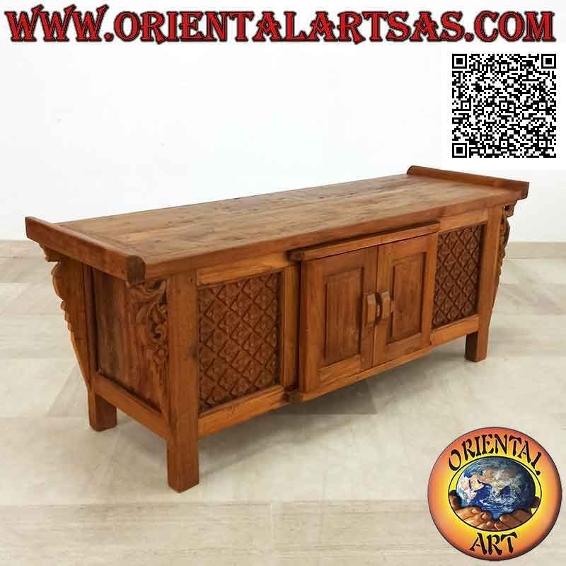 Buffet antico di Java con chiusure e cerniere in legno e pannelli con fiori intagliati in legno di teak