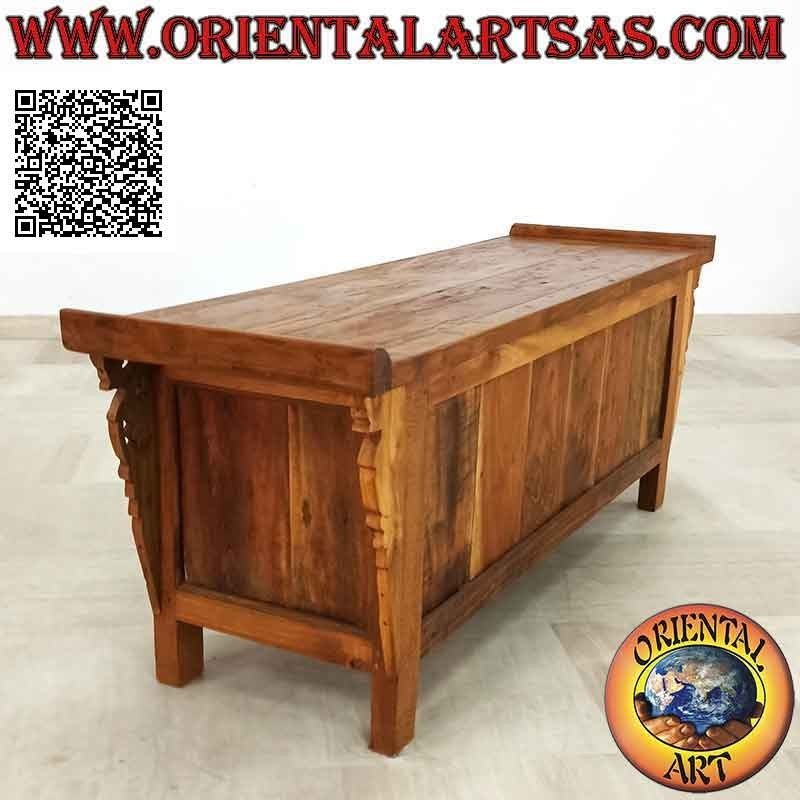 Buffet Java ancien avec loquets et charnières en bois et panneaux avec fleurs sculptées en bois de teck