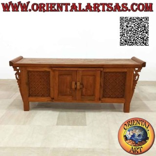 Buffet Java ancien avec loquets et charnières en bois et panneaux avec fleurs sculptées en bois de teck