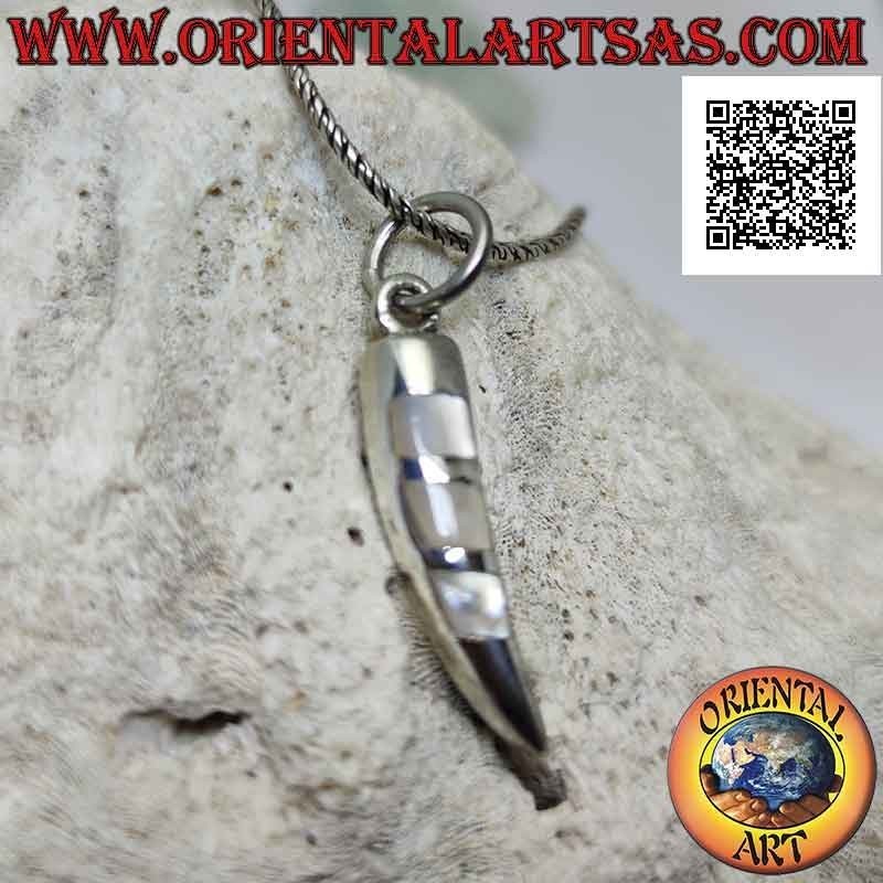 Pendentif en argent, corne porte-bonheur lisse avec trois inserts en nacre